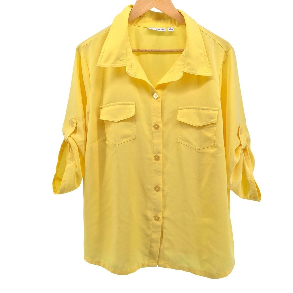 Susan Graver Women's Large Yellow Button Front Utility Blouse Roll Tab Sleeve - Picture 2 of 11